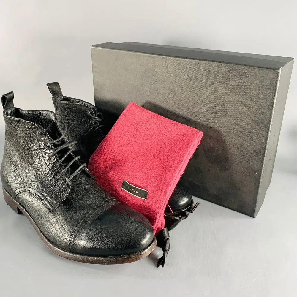 PAUL SMITH Size 12 Black Leather Lace-Up Ankle Boots